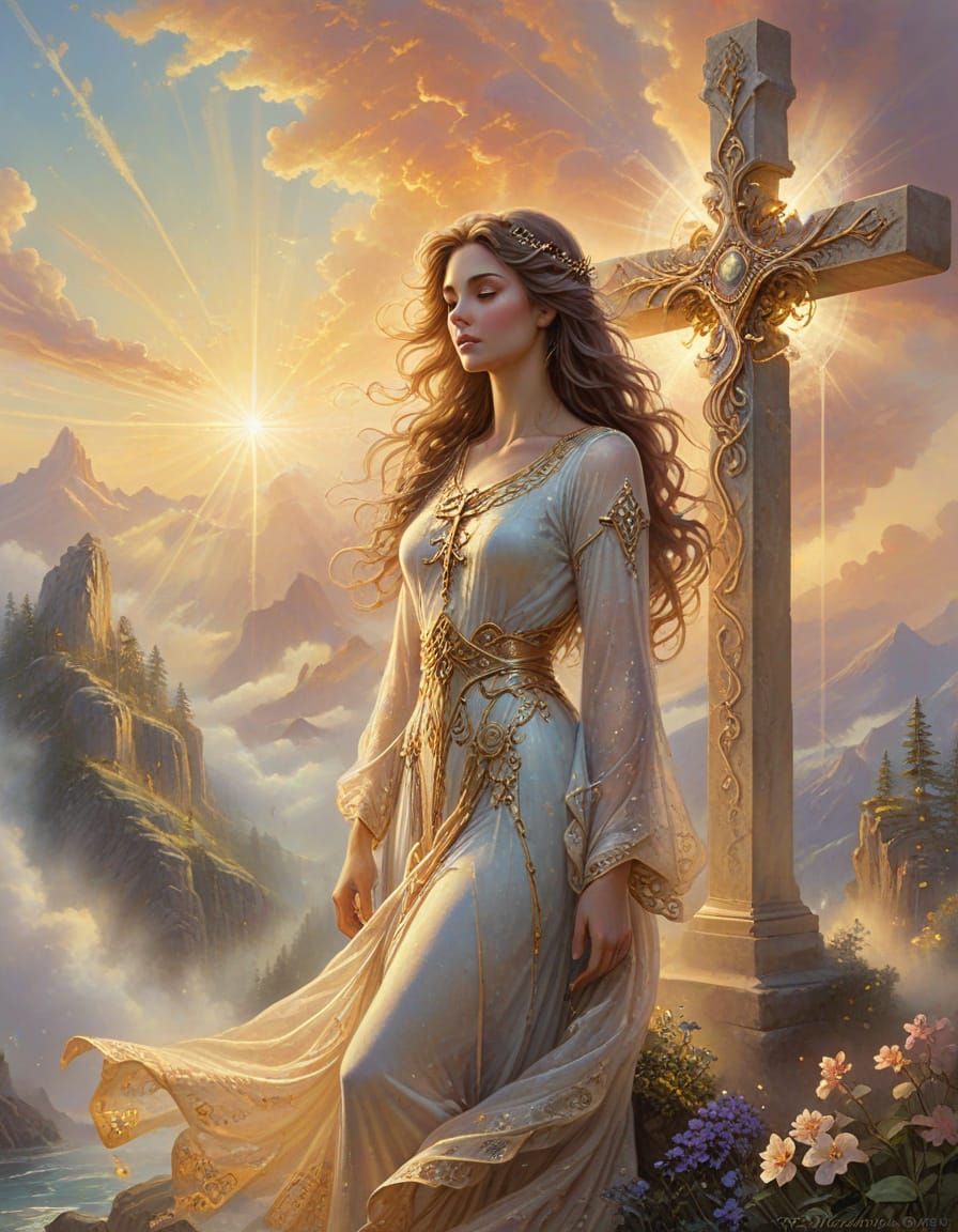 Divine Woman Before Ornate Cross in Ethereal Landscape