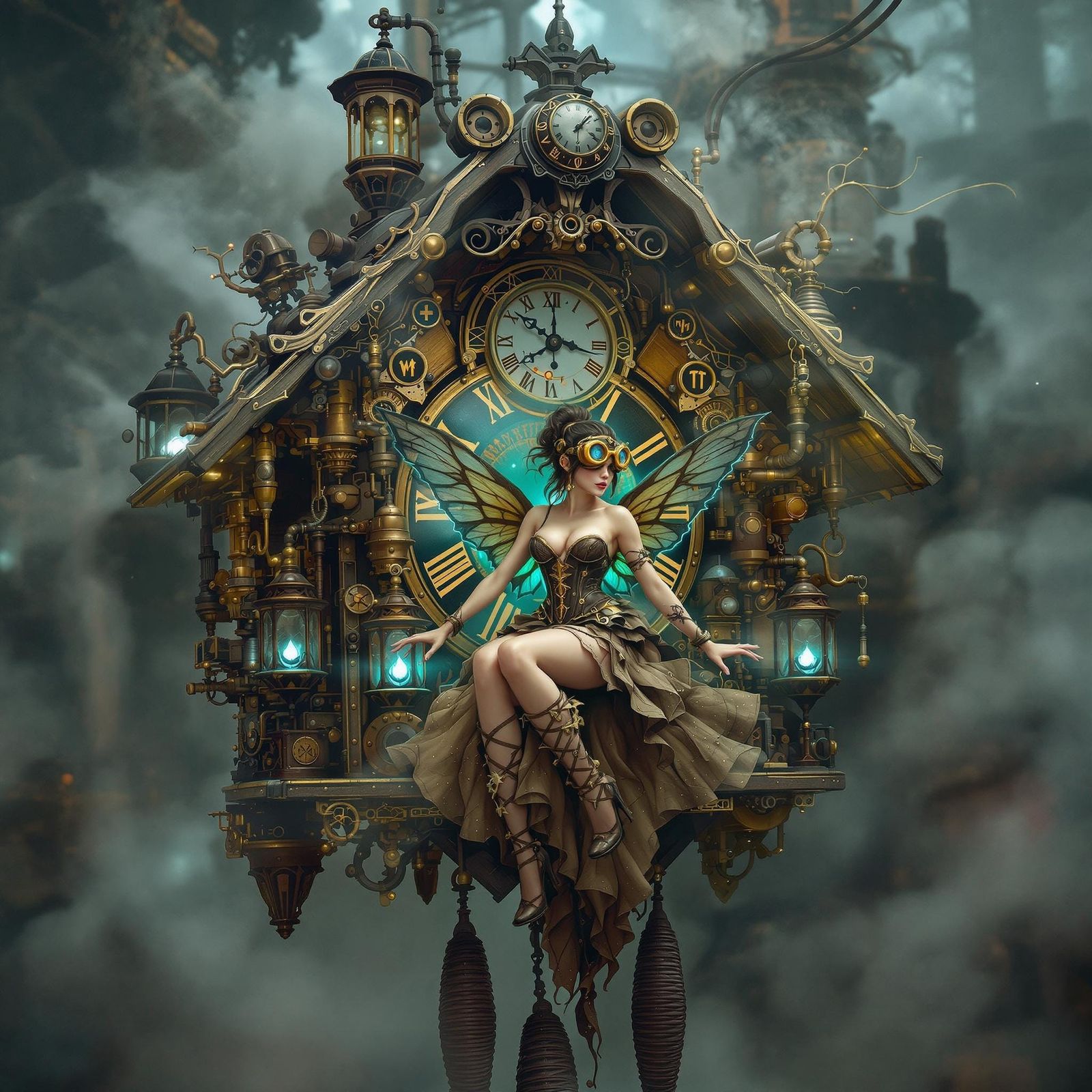 A cuckoo clock with a diesel punk steam punk fairy Popping o...