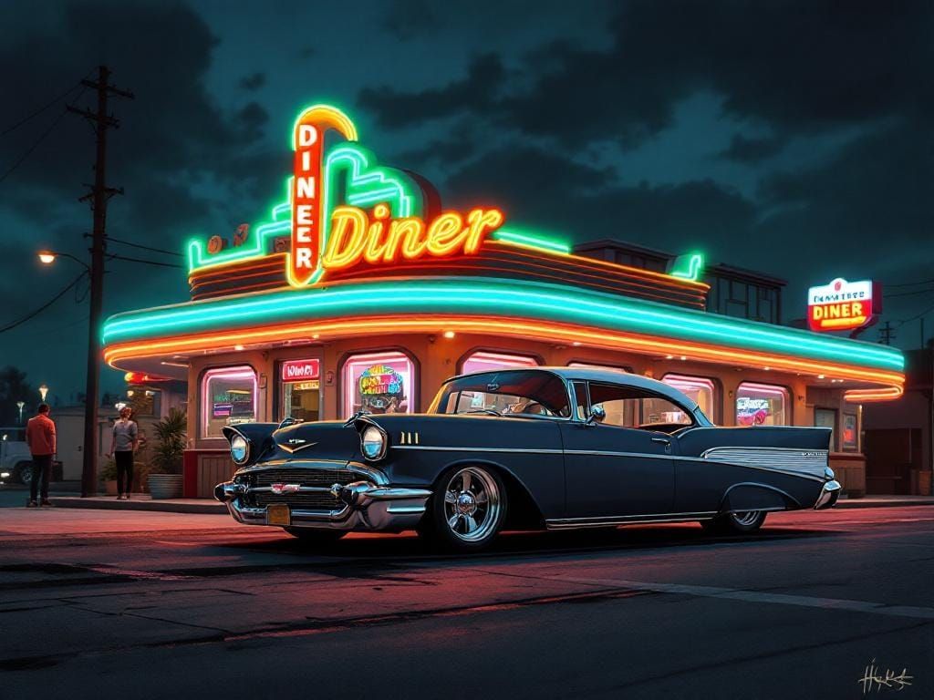 Retro-Futuristic Diner Scene with 1957 Chevy Bel Air