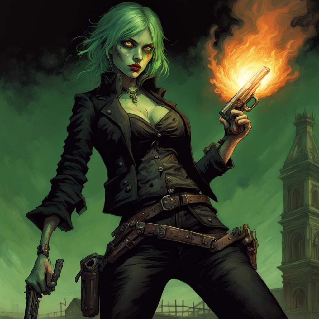 Fantasy Zombie Gunslinger with Luminescent Green Eyes