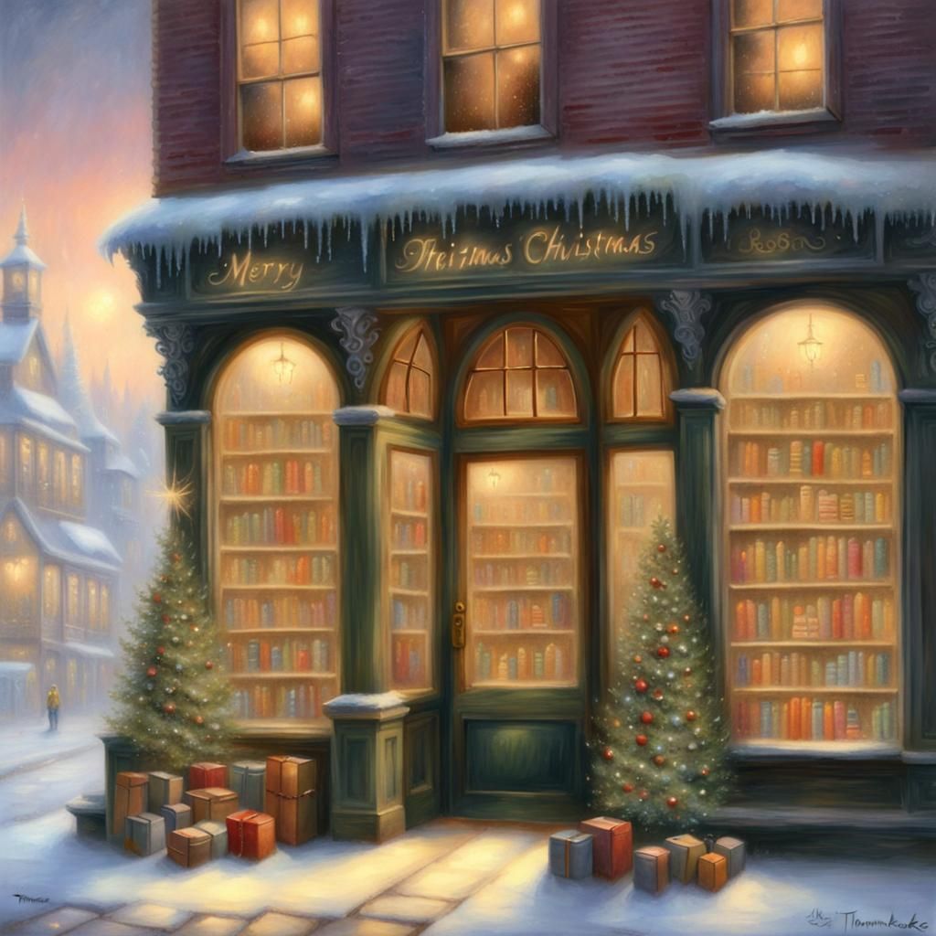 Christmas Decorated Bookstore in Kinkade Style