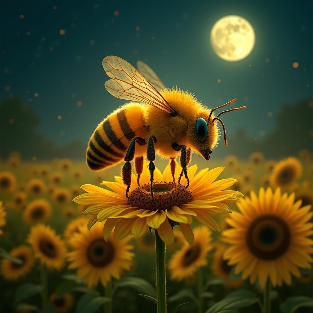 A bioluminescent honeybee landing on a bioluminescent sunflower, in a field at night under a harvest moon