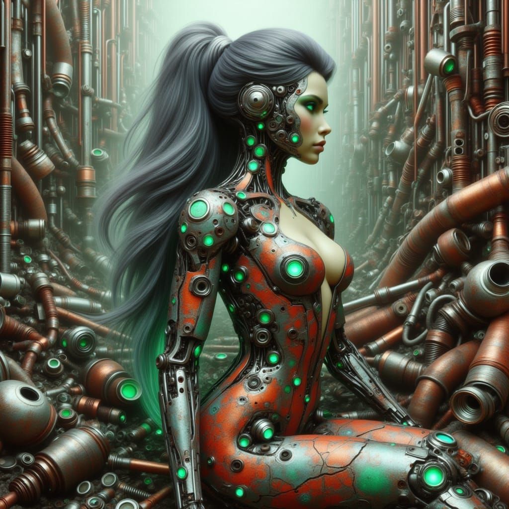 Mechanical Woman Sculpted from Auto Parts in Charcoal Style