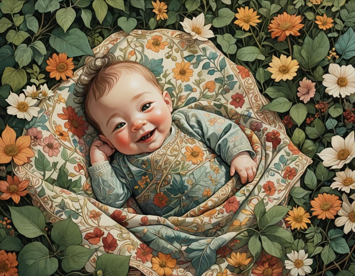 Whimsical Garden Scene with Laughing Baby in Pastel Colors