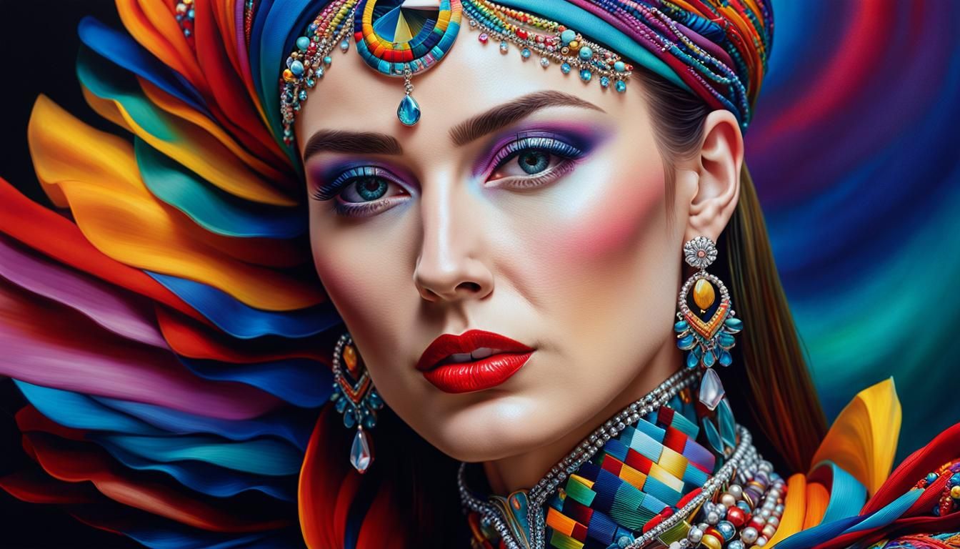 Colorful Portrait with Abstract Textures as Oil Painting