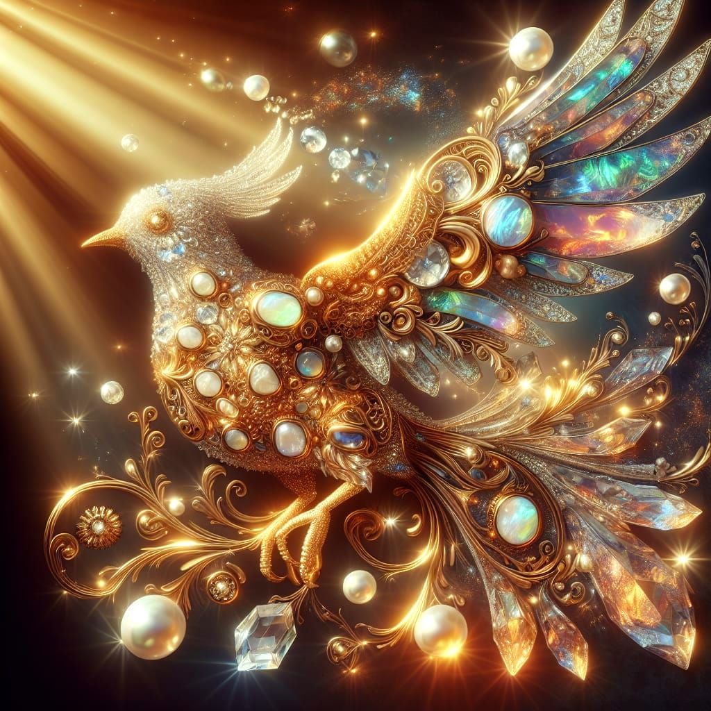 Golden Crystal Bird Shines with Magical Light