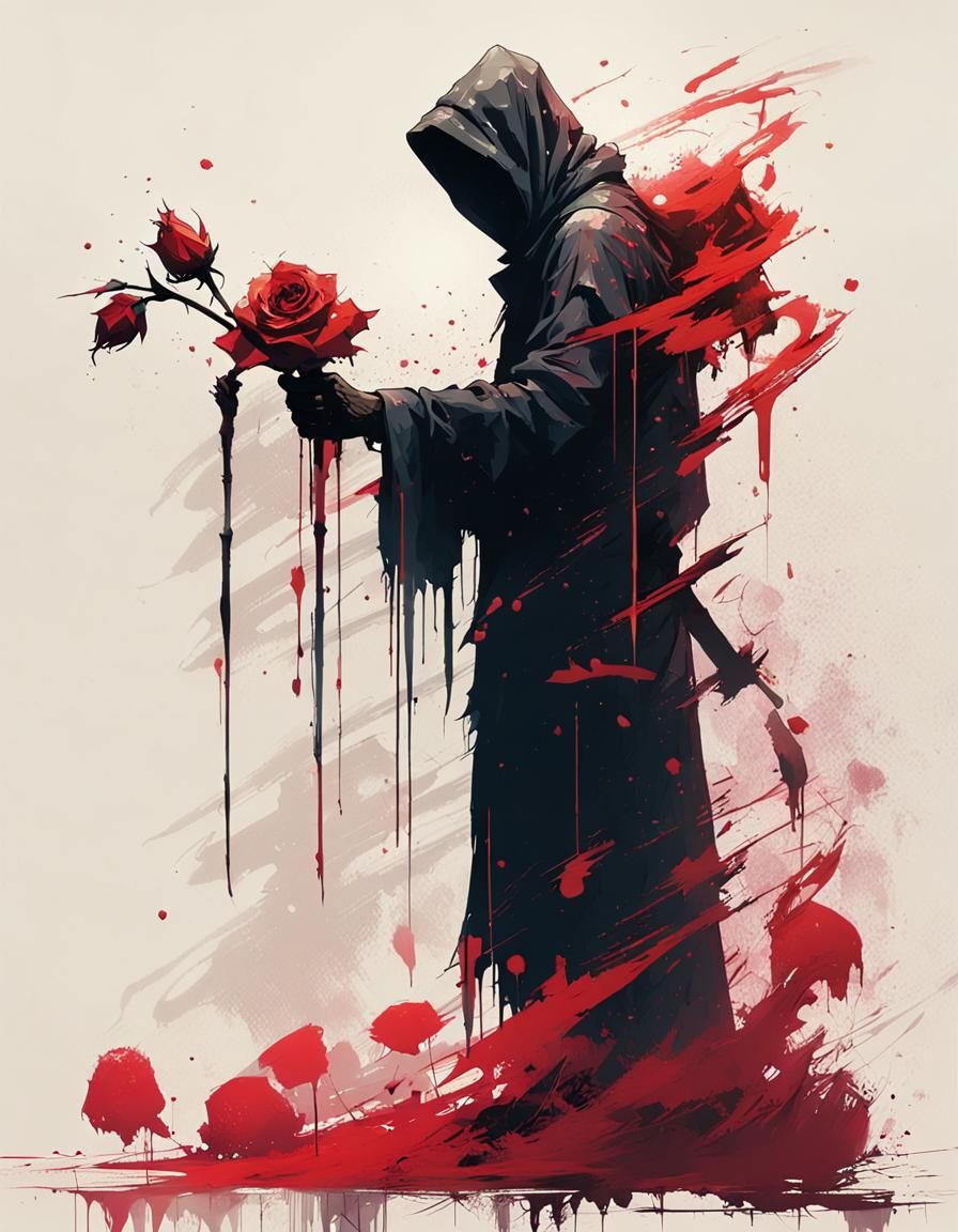 Dark Reaper Holds a Rose in Soft Lighting
