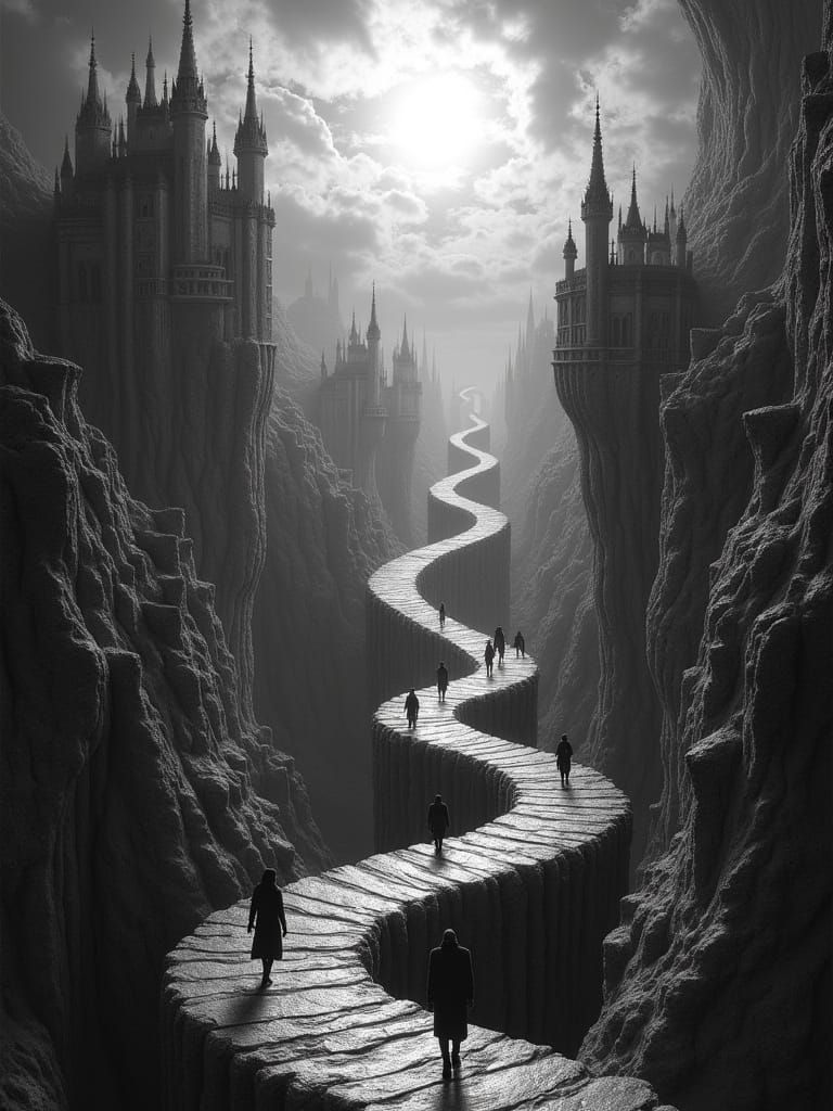 Intricate Black and White Escherscape with Human Silhouettes...