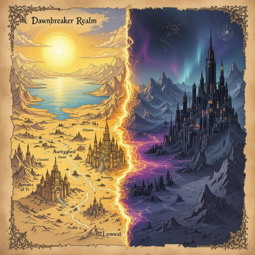 Fantasy Map of Dawnbreaker Realm: Fracture Line and Contrast...
