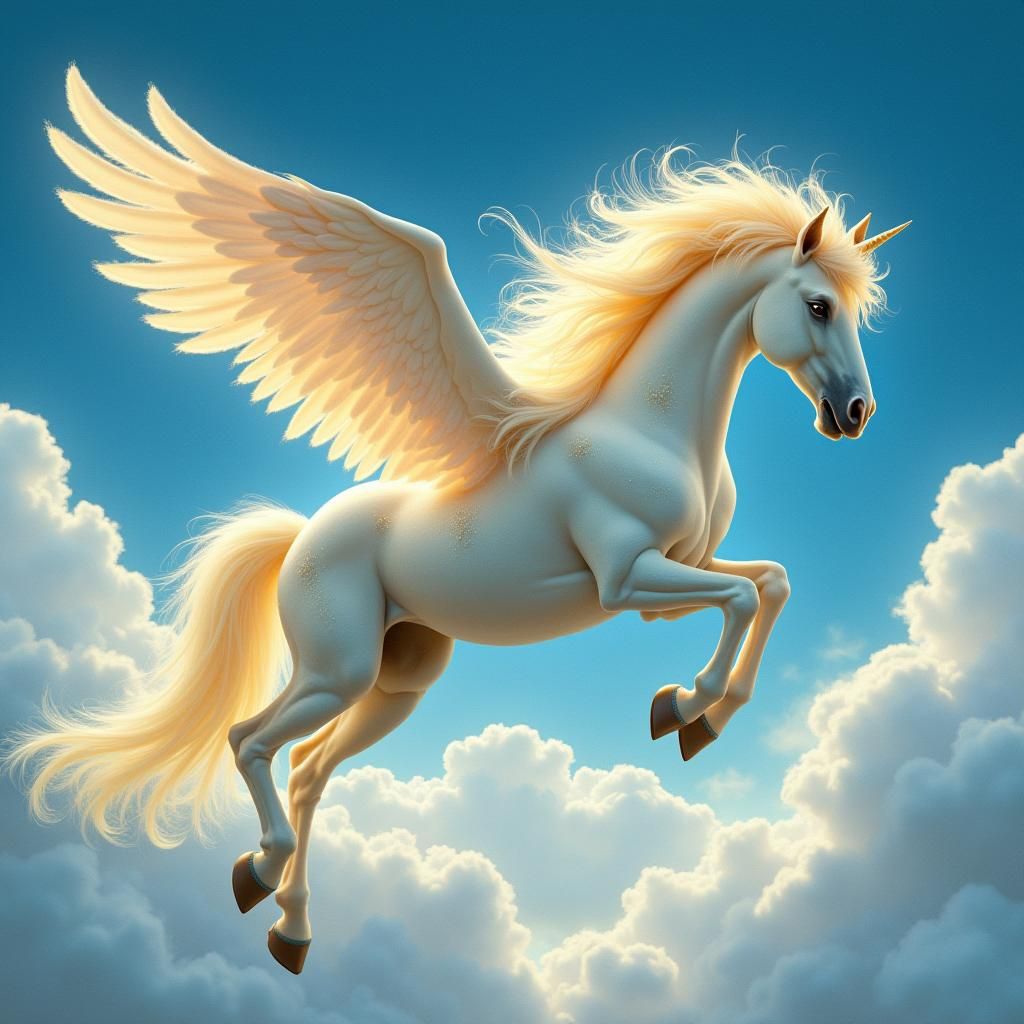 Golden Pegasus Soaring Through Infinite Sky