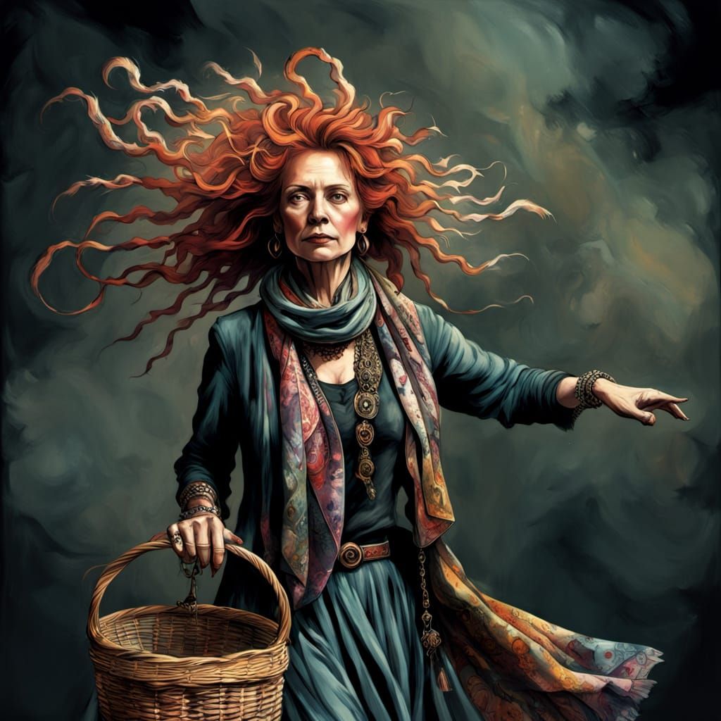 Old Woman and Cat in Romantic Goth Style