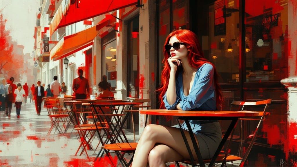 Red-Haired Woman in Surreal Cafe Scene