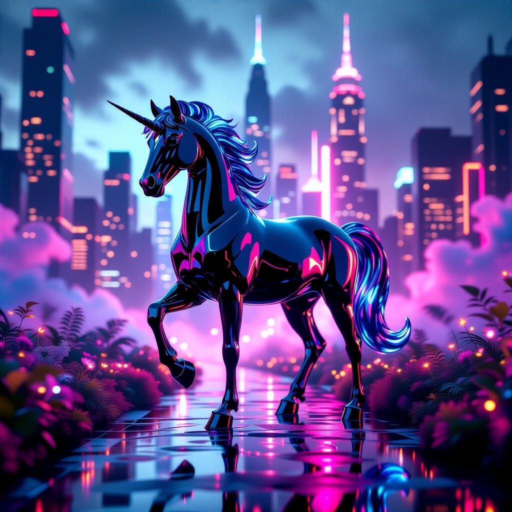 Sapphire Crystal Horse in Neon Cityscape