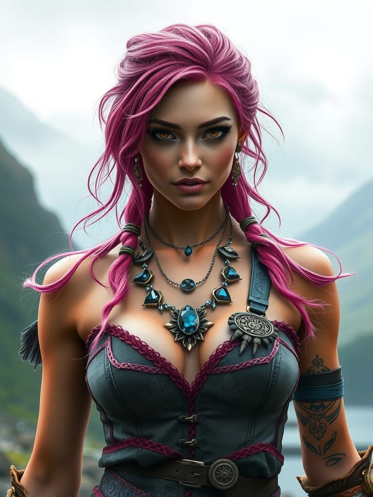 Majestic Warrior Maiden in Moody Skyrim-Inspired Landscape