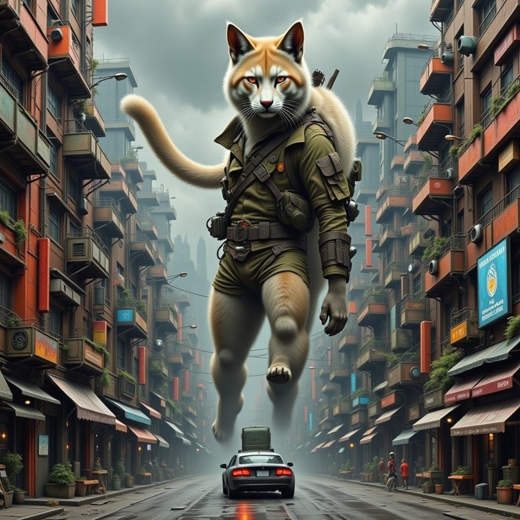 Giant Cat Dominates Dystopian Cityscape