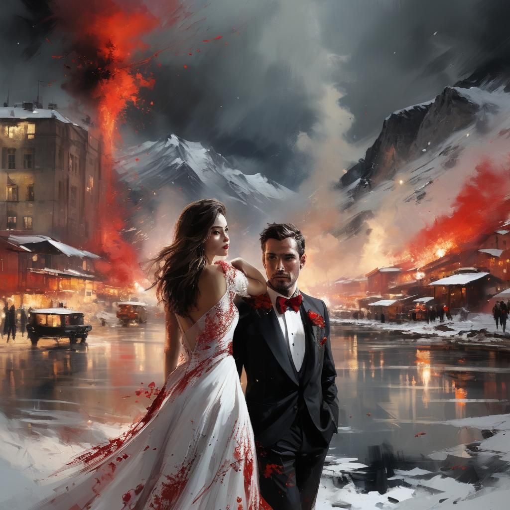 Suave Gentleman Enchants Elegantly Dressed Lady Amidst Fiery...