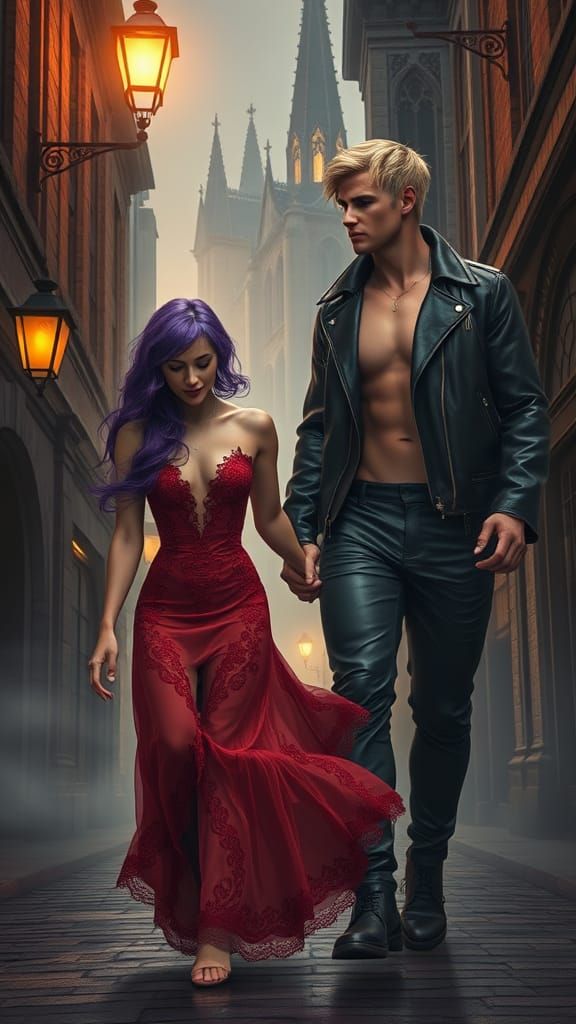 Elegant Woman and Muscular Man in Gothic Setting