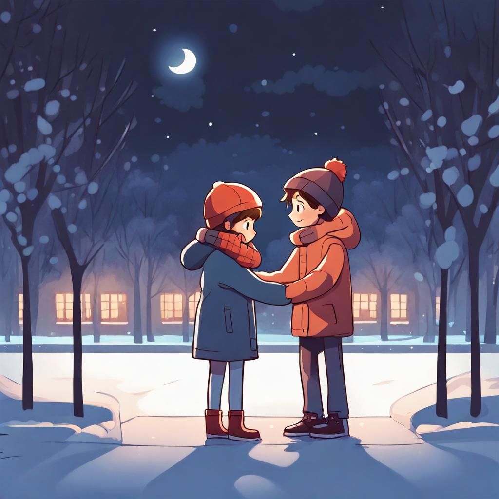 Cartoon: Boy Comforts Girl with Hug in Winter Park