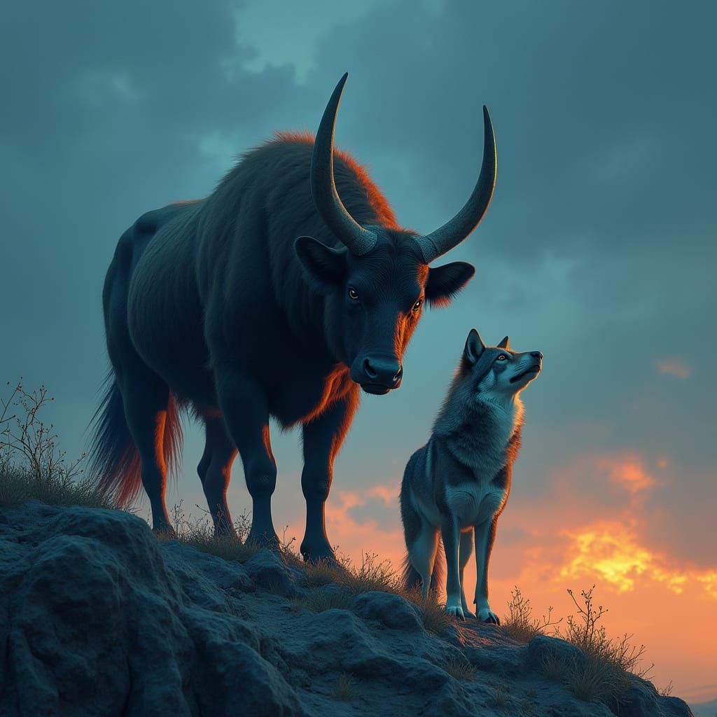 Bull and Wolf in Detailed Matte Painting Style