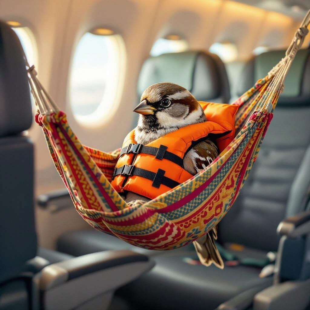 Sparrow Lounging in Hammock on Airplane