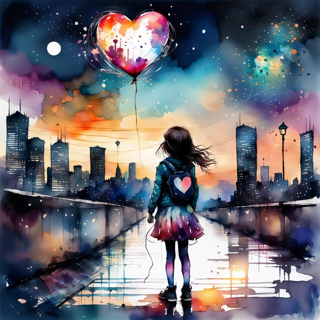 Girl with Balloon in Watercolor Cityscape