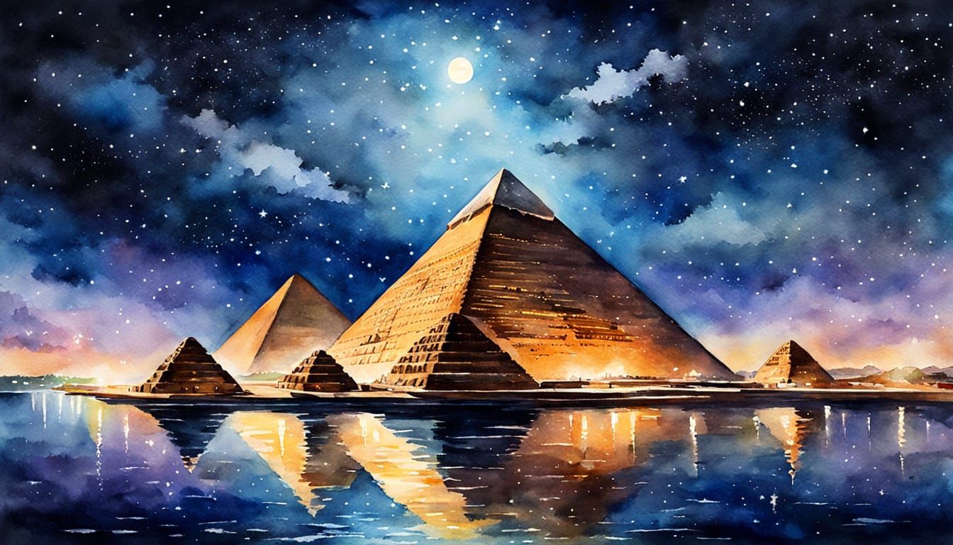 Great Pyramid of Giza at Night in Watercolor
