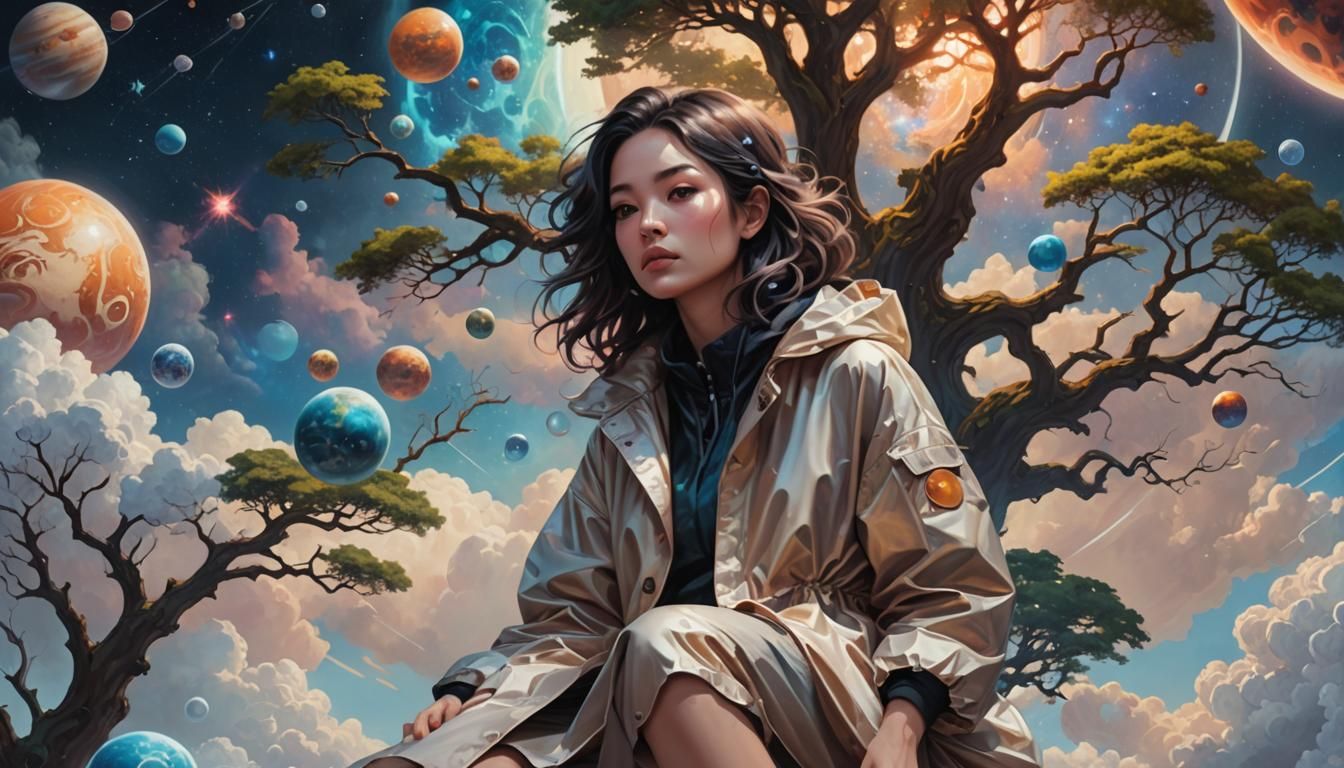 Woman on Cloud with Planets, Cosmic Art