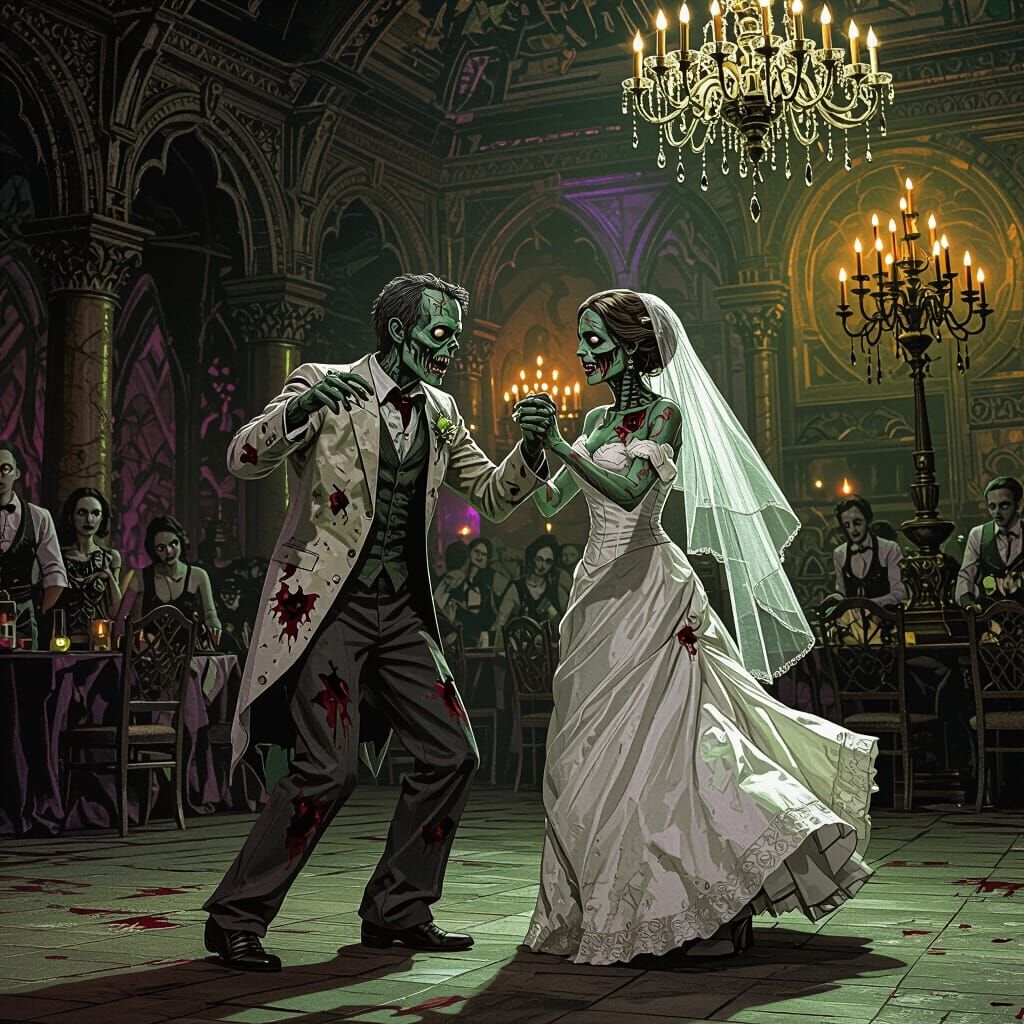 Zombies Waltz at Halloween Party in Gothic Ballroom