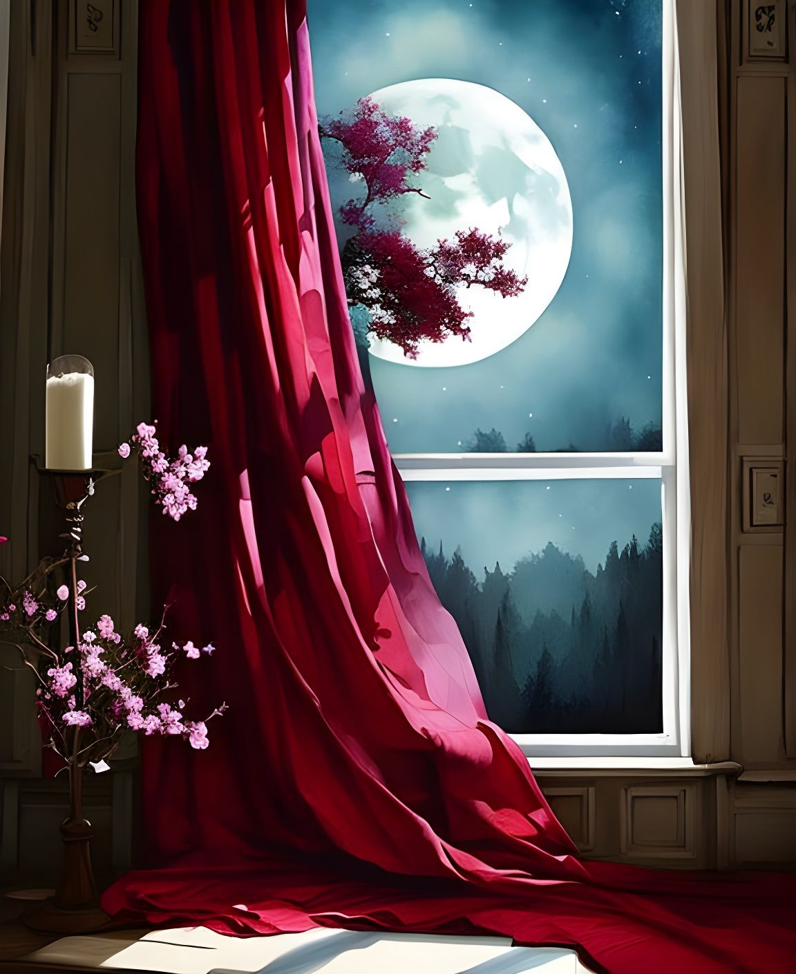 Victorian Window to Moonlit Tree: Impasto Painting