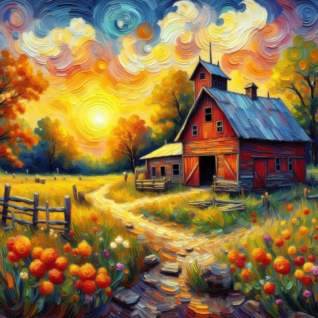 Red Barn Sunrise: Impasto Oil Painting