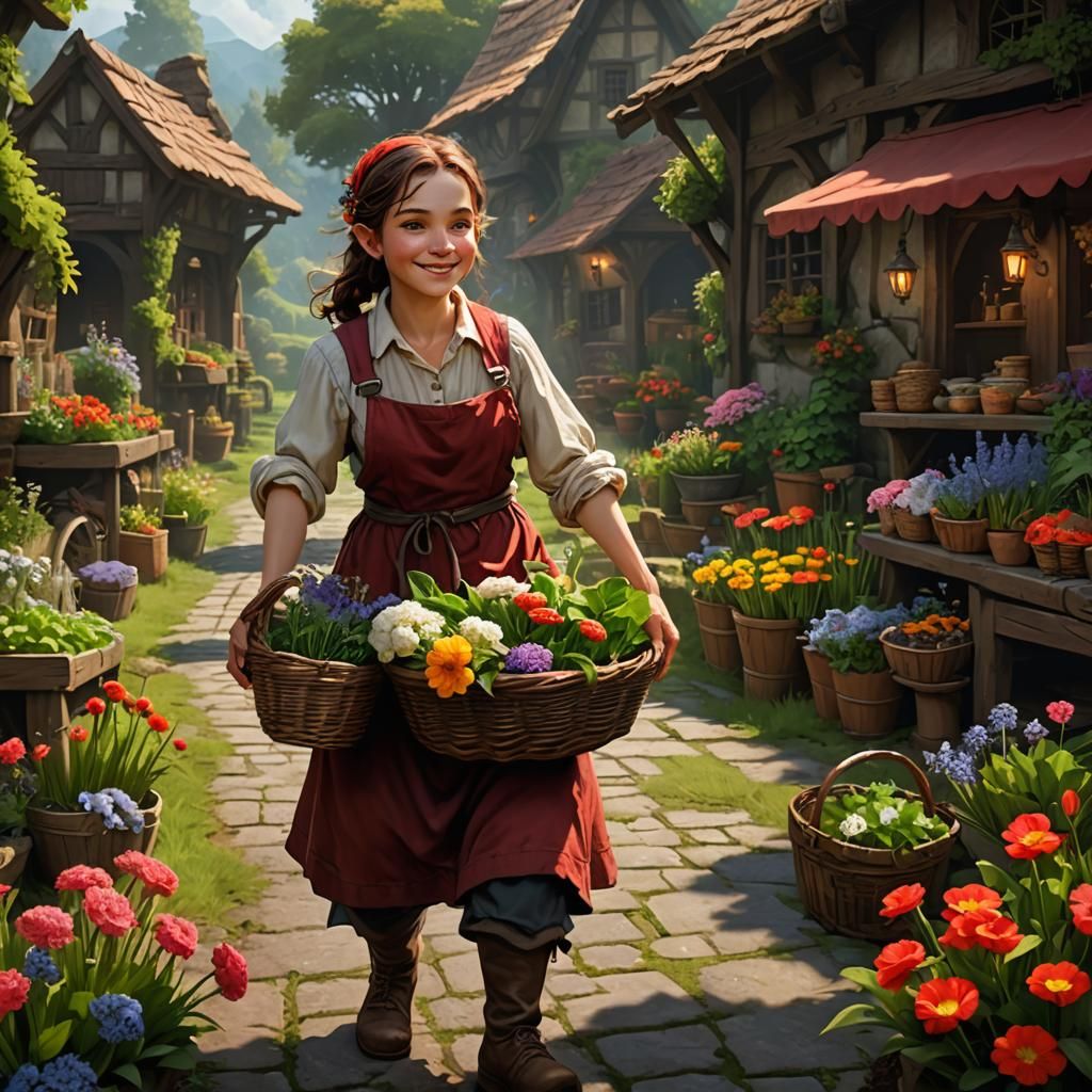 Happy Halfling Farmer with Flowers and Herbs