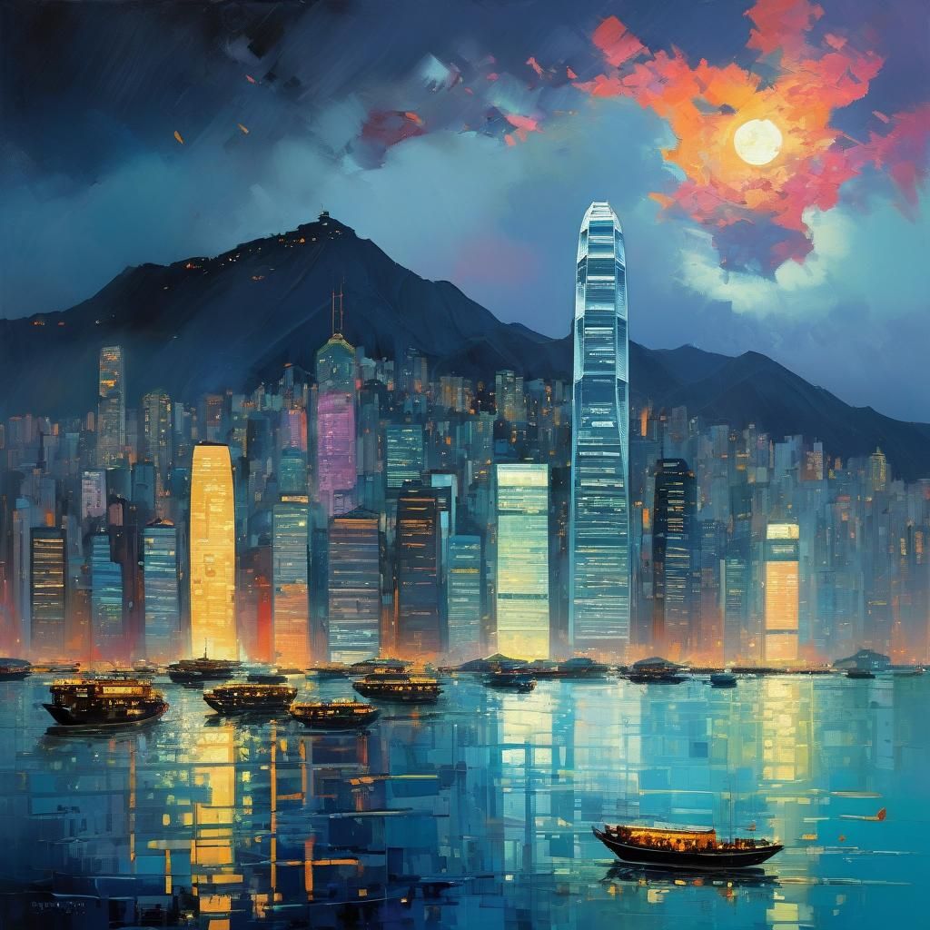 Hong Kong Night Skyline: Oil Painting