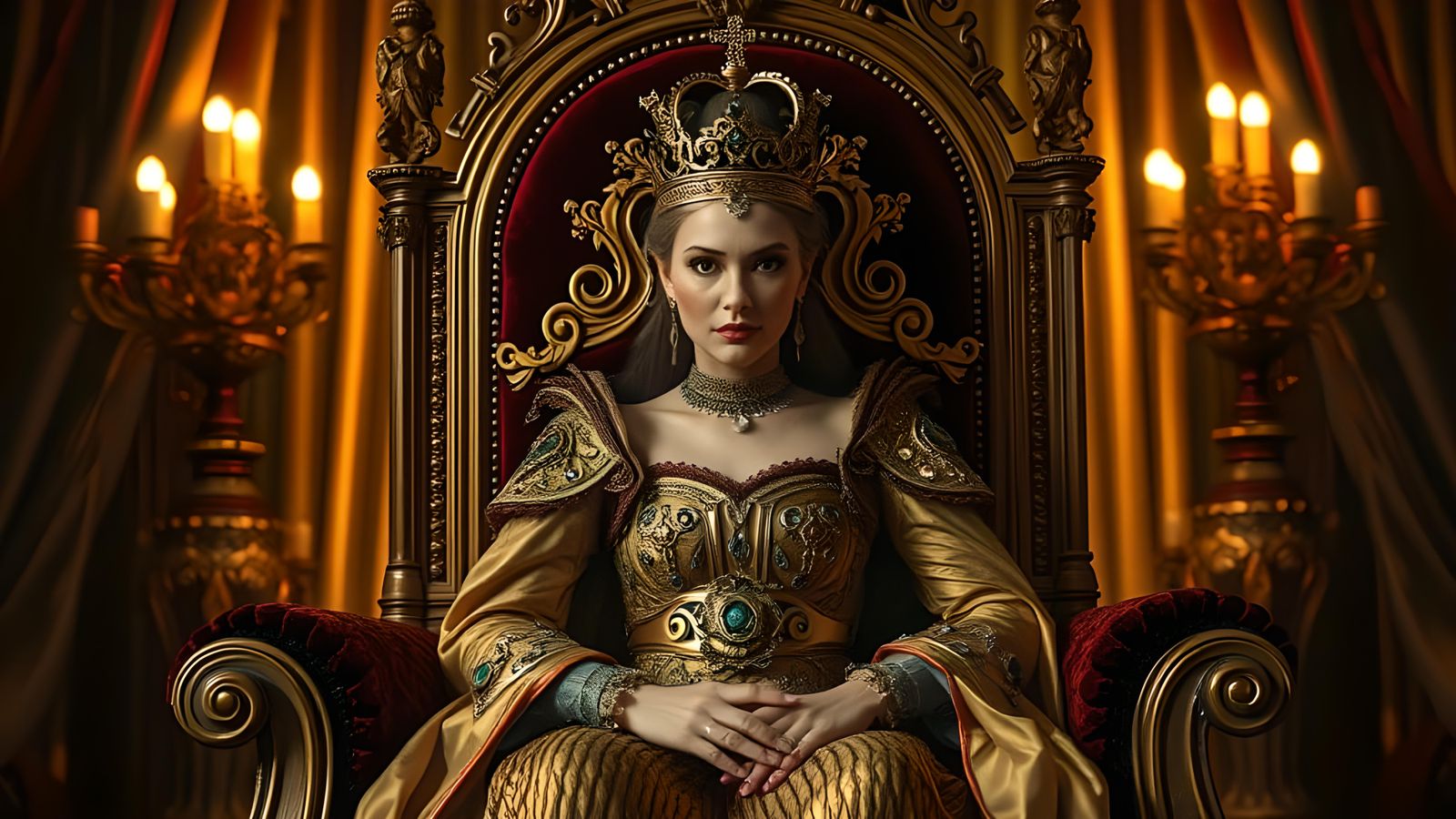 Hyperrealistic Portrait of a Beautiful Queen on Throne