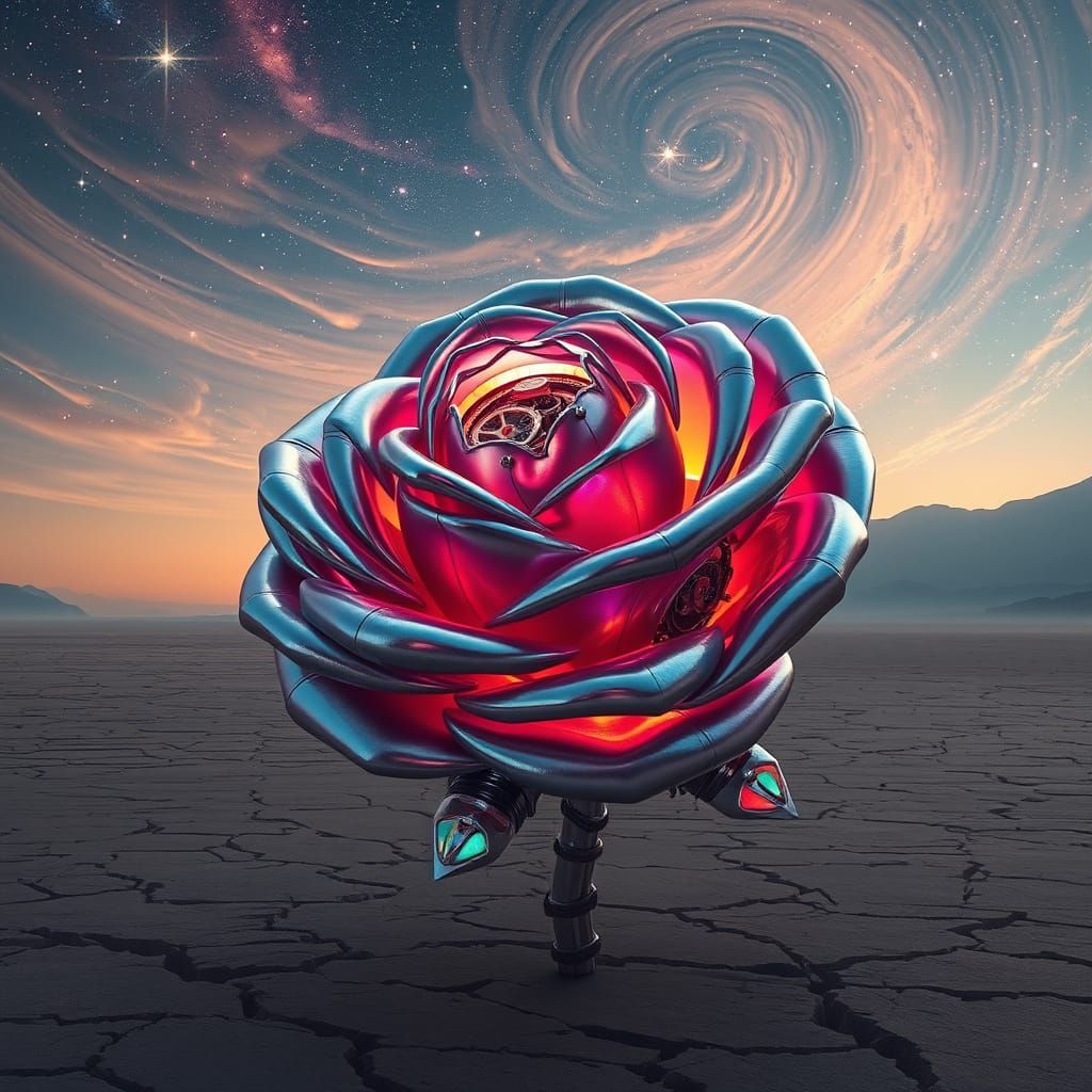 Mechanical Rose Blooms in Desert Nebula