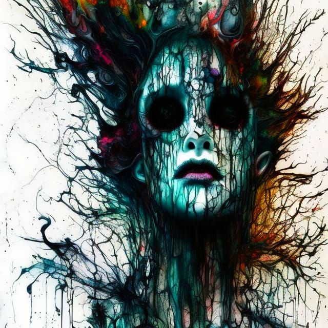 Ghostly Inkblot Portrait in Black Ink Flow