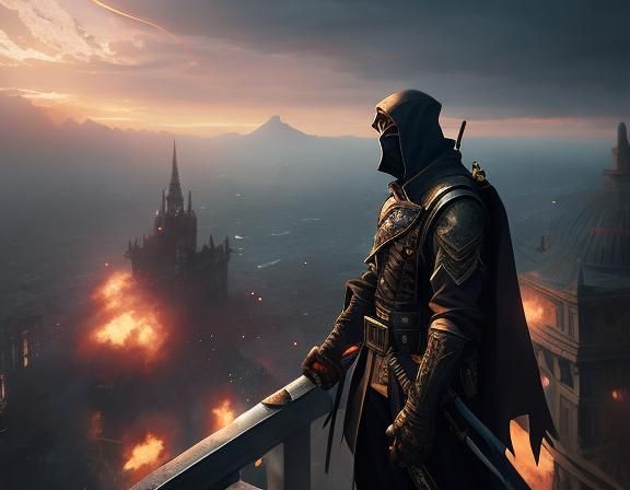 Teen Assassin on City Tower: Cinematic Anime Art