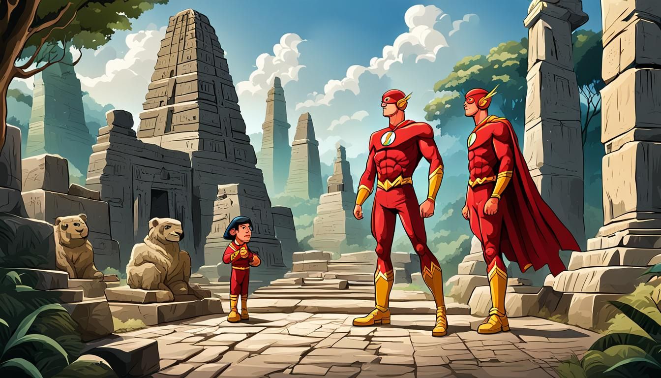 Aquaman and Flash Visit Monuments: Cartoon Illustration