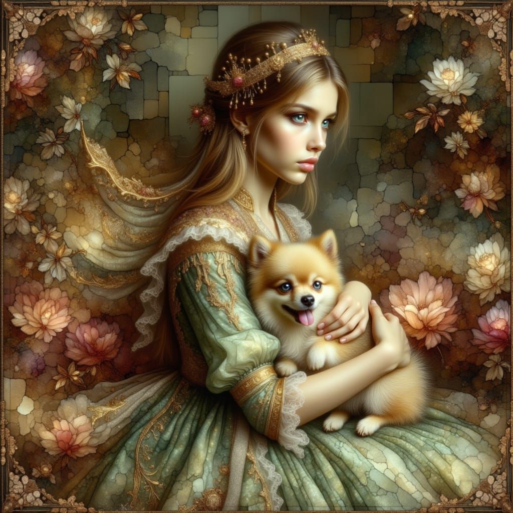 Cute Girl in Green Dress Holding Pomeranian Dog
