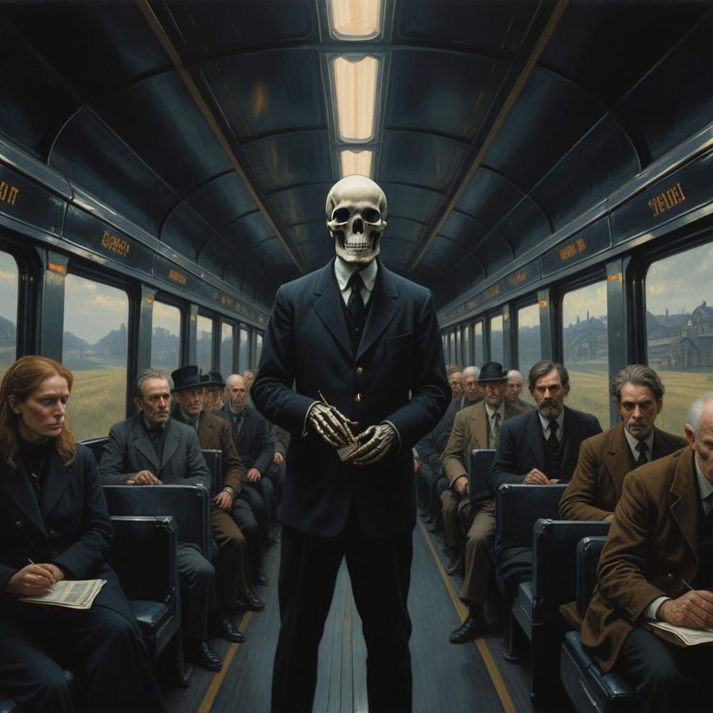 Modern Train Conductor with a Macabre Twist in Oil Painting