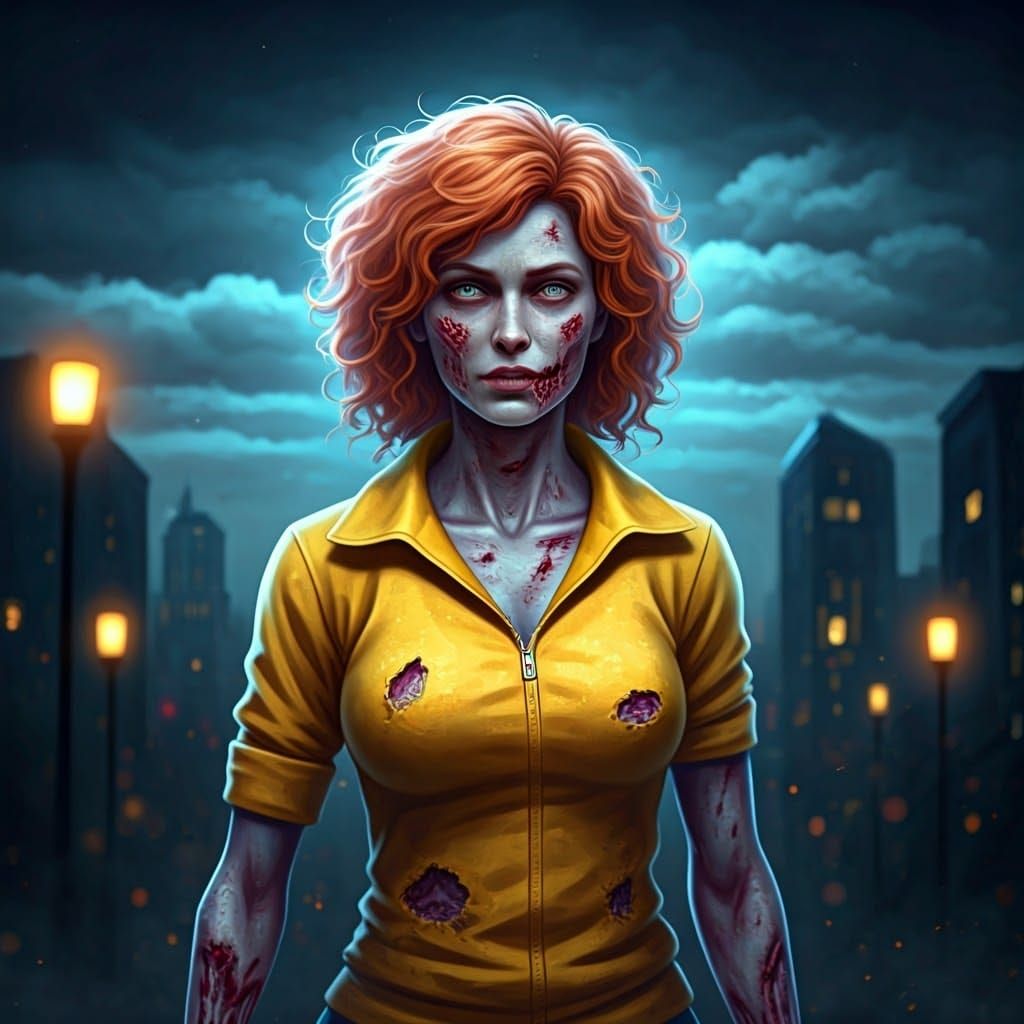 Zombie April O'Neal in Ethereal Cityscape