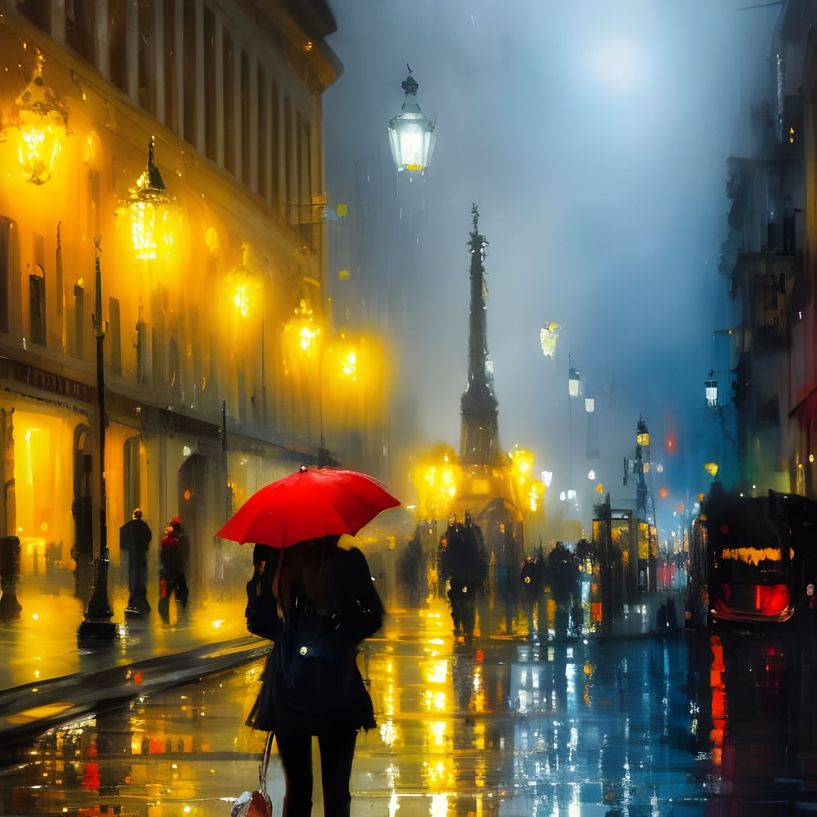 Rainy City Girl in Gouache Style