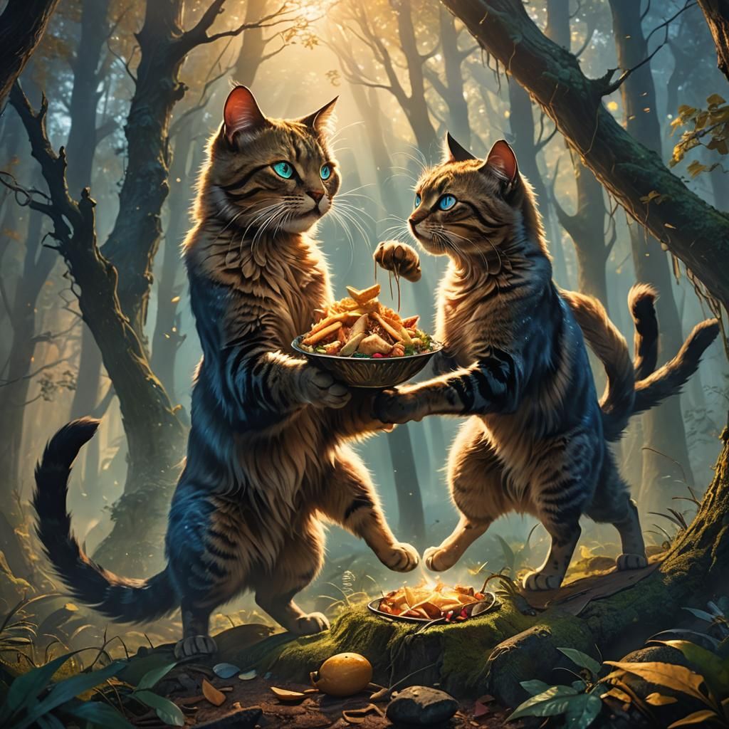 Two Cats Fight Over Food in Mystical Forest