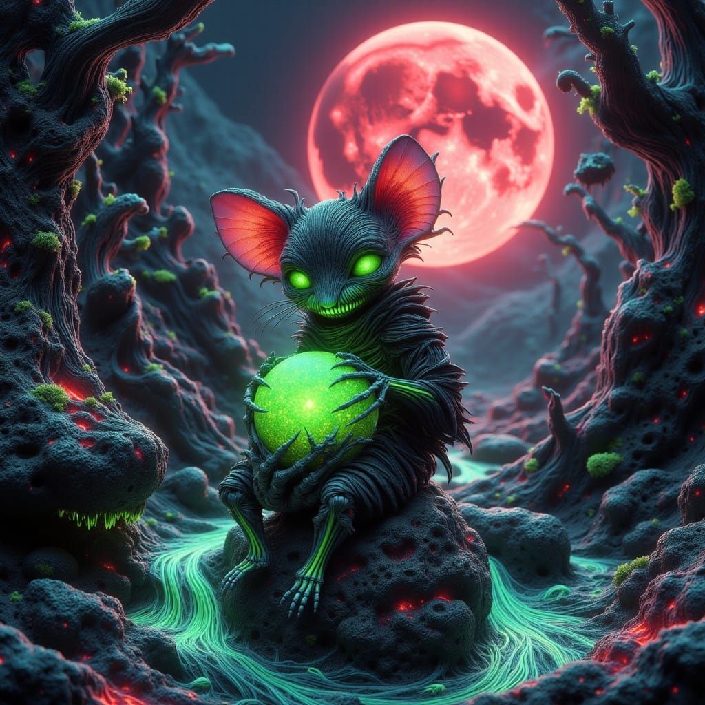 Skeletal Chibi Mouse Holding Glowing Orb on Carved Moon