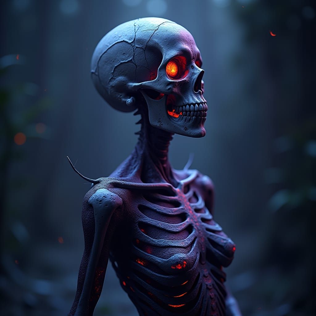 Ethereal Skeletal Woman in Spider Web Bodysuit