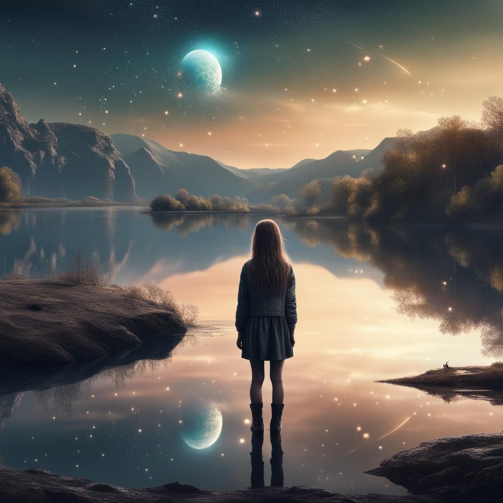 Girl Stares at Lake Reflecting Space