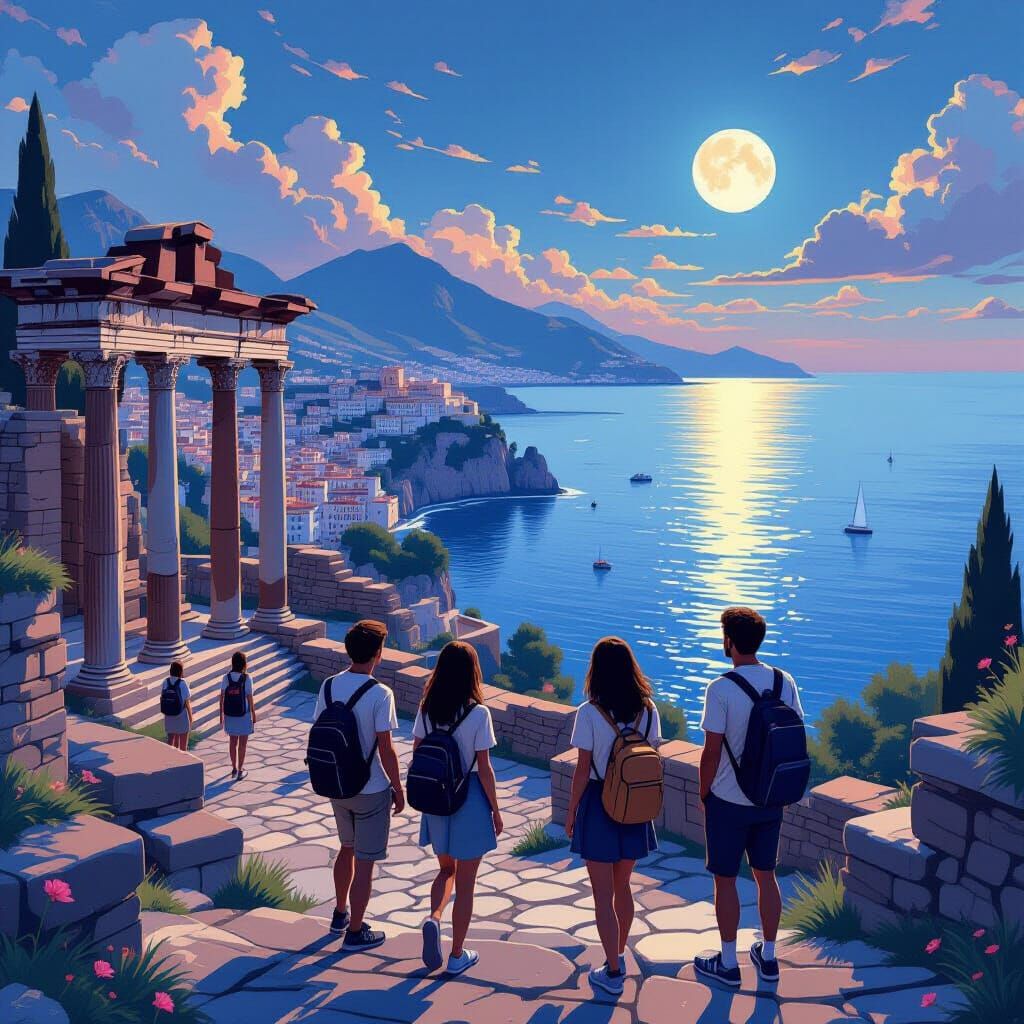 Roman Ruins Visited by Modern Tourists at Night