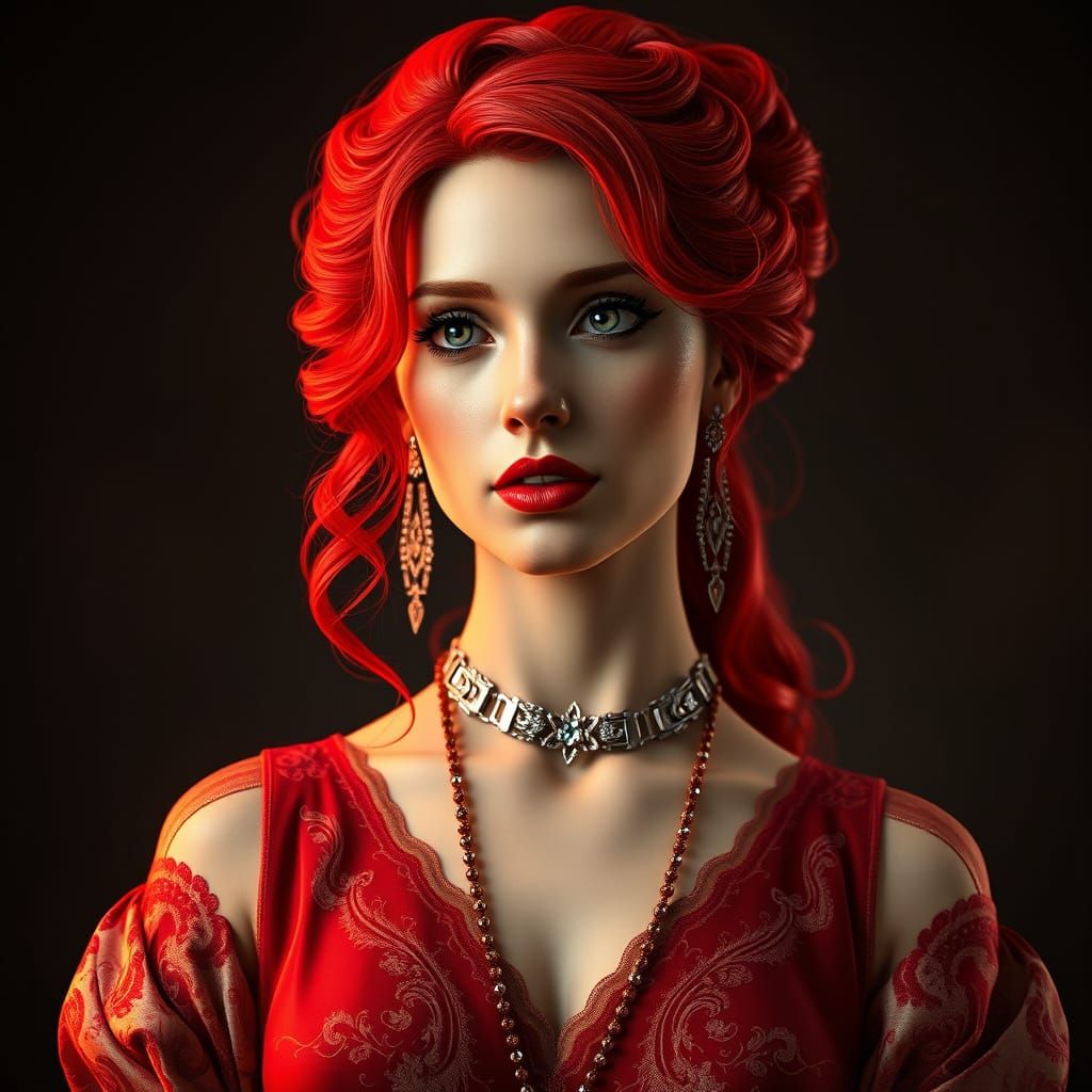 Fiery Red Portrait in Ornate Digital Art Style