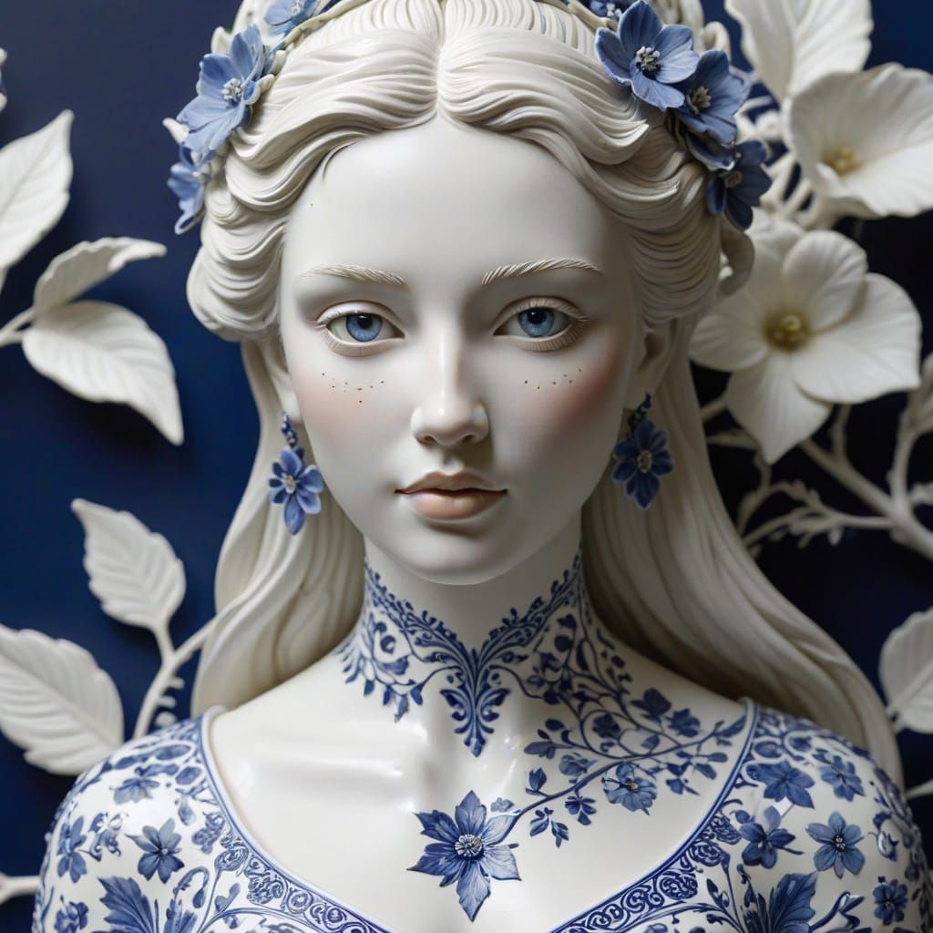Beautiful Porcelain Goddess with Intricate Blue Floral Patte...
