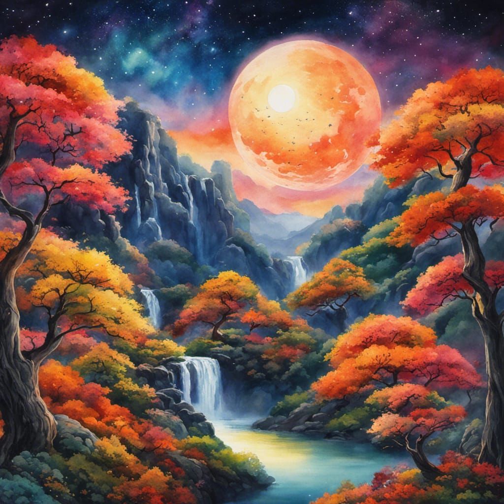 Lush Bonsai Valley Sunset into Cosmic Moonscape