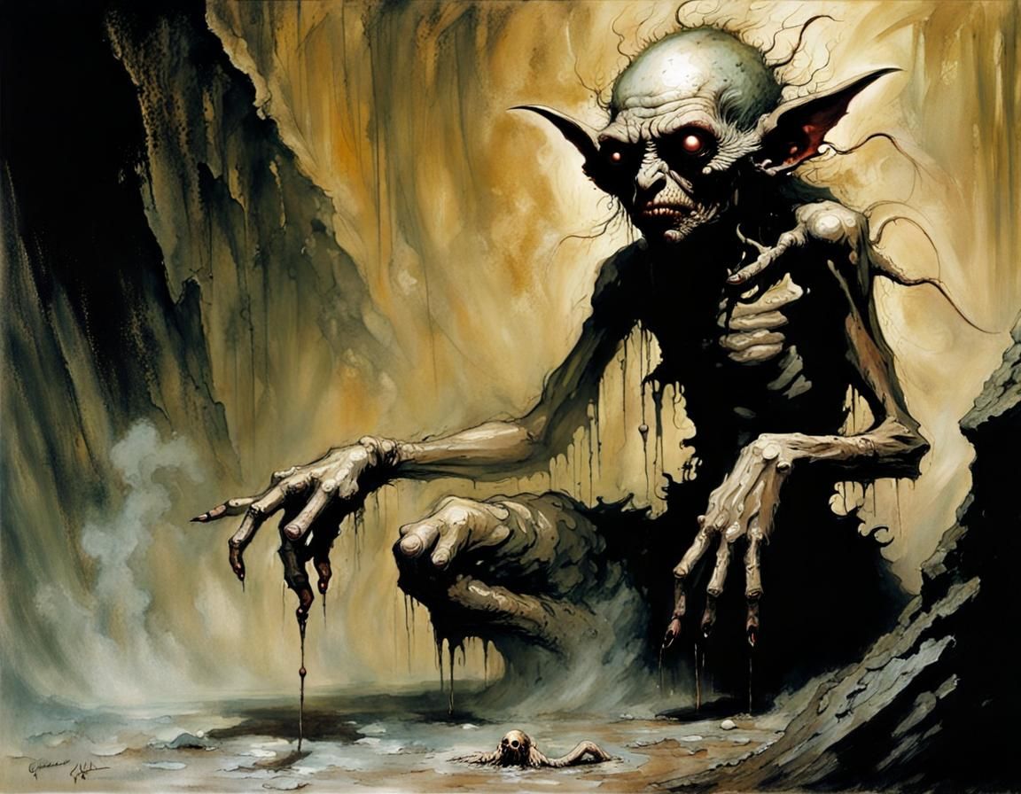 Grotesque Goblin Disintegrating in Dark Cave, Splash Art